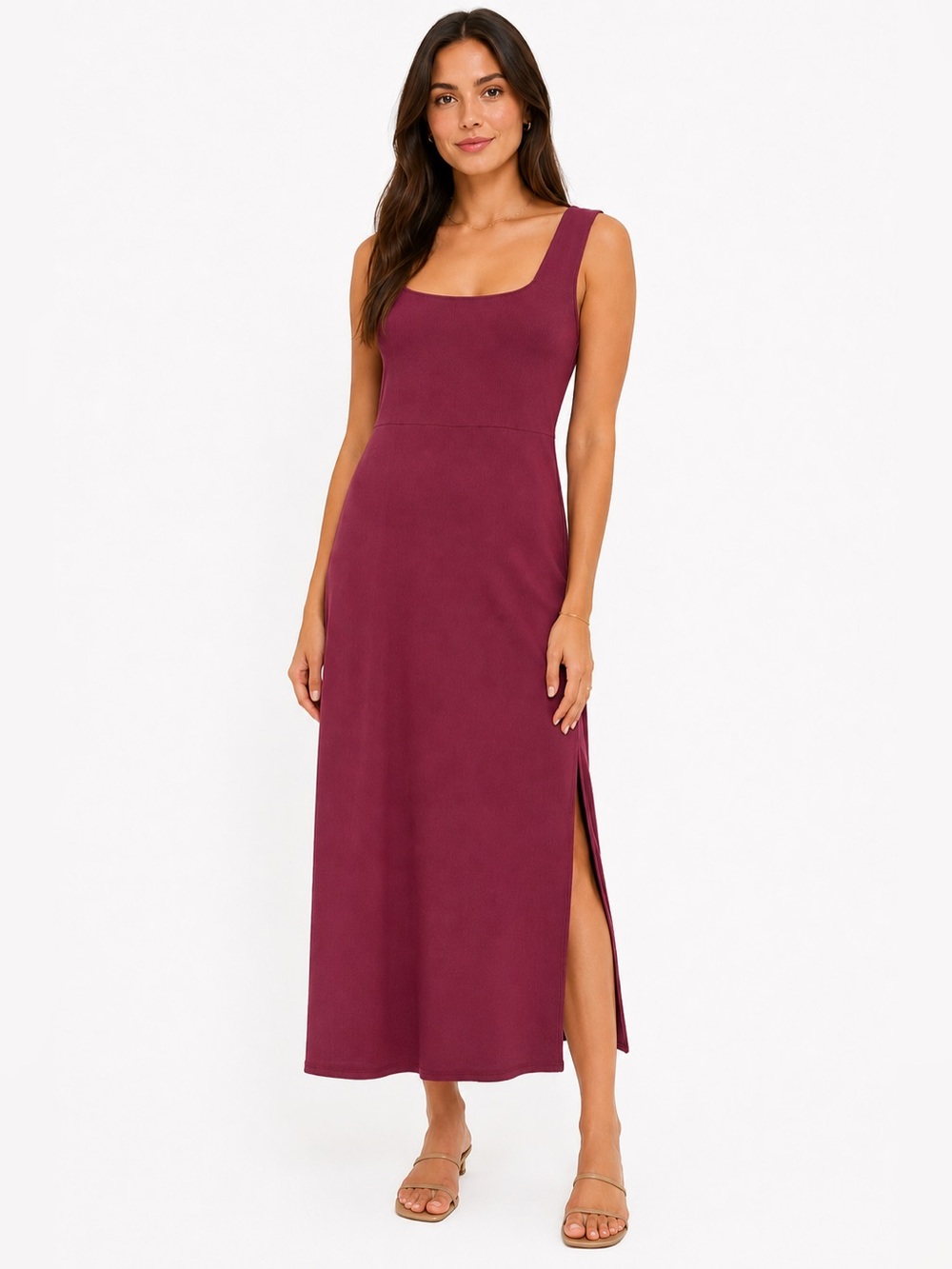 Quince Burgundy Sleeveless Midi Dress with Side Slit